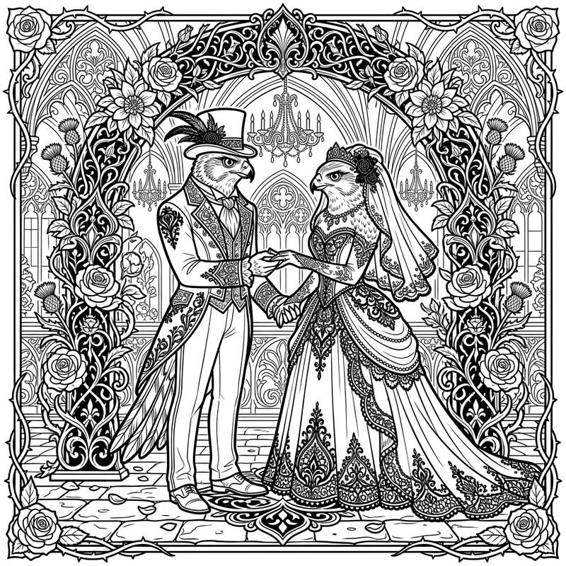 Step into a world of dark romance with this unique Gothic Goshawk Wedding coloring page. Featuring a majestically adorned avian couple, this intricate design blends elegant celebration with mysterious allure.