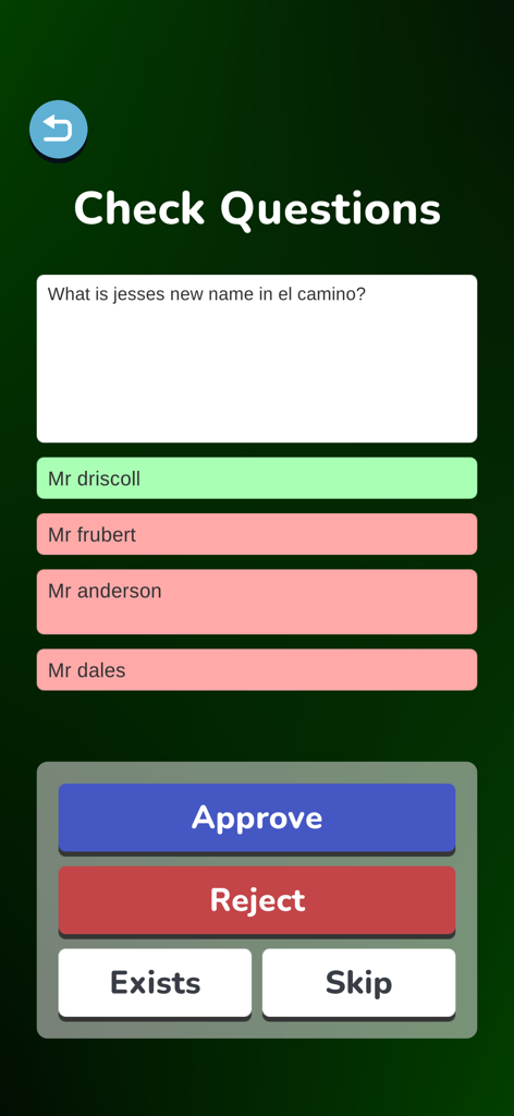 Breaking Bad Quiz - Interface para verificar e aprovar perguntas de trivia sugeridas pela comunidade no aplicativo Quiz Breaking Bad.