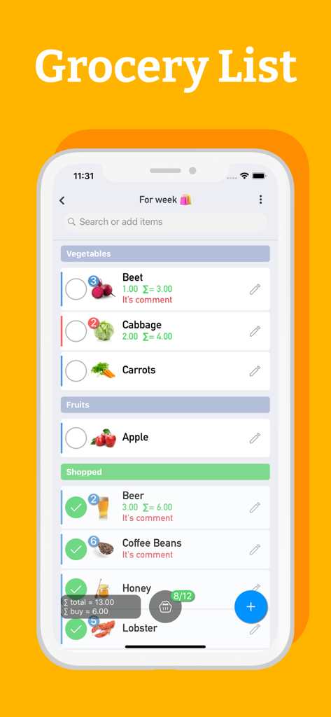 Grocery Shopping List - Pro - Mobile Benutzeroberfläche einer Einkaufslisten-App, die Artikel nach Kategorien wie Gemüse und Obst mit Preisen und Mengen anzeigt