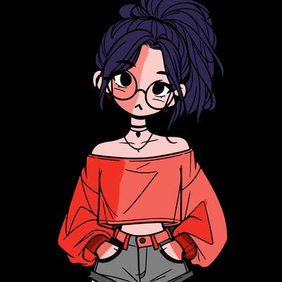 girl with a messy ponytail glasses a baggy crop top and jean shorts