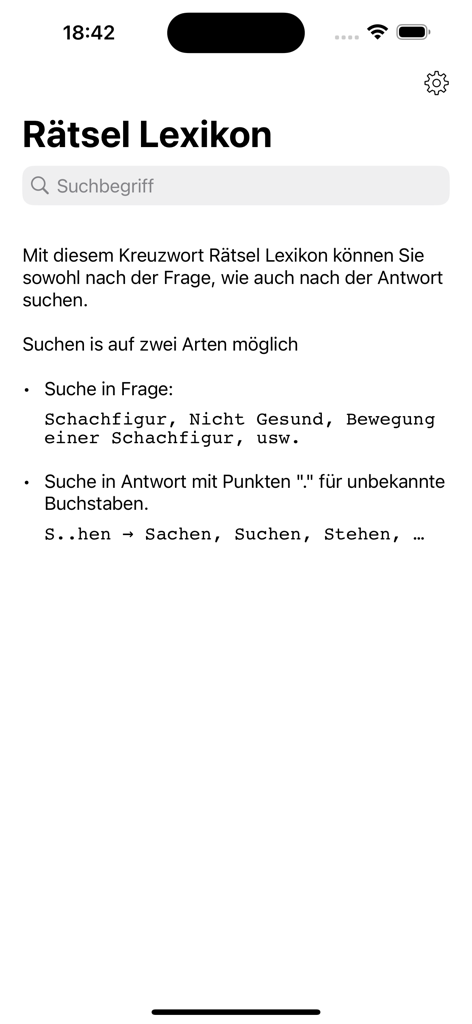 Kreuzwort Rätsel Lexikon - Suchbildschirm der deutschen Kreuzworträtsel-Lexikon-App Kreuzwort Rätsel Lexikon mit Anweisungen und einer Suchleiste