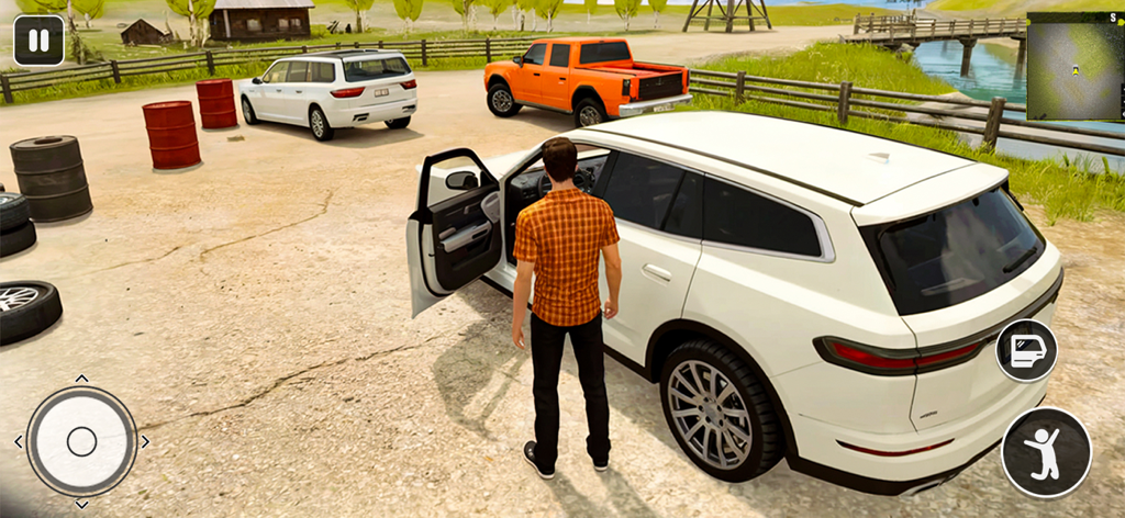 A character stands next to a white SUV with an open door in an outdoor rural garage area from the Offroad Simulator game.