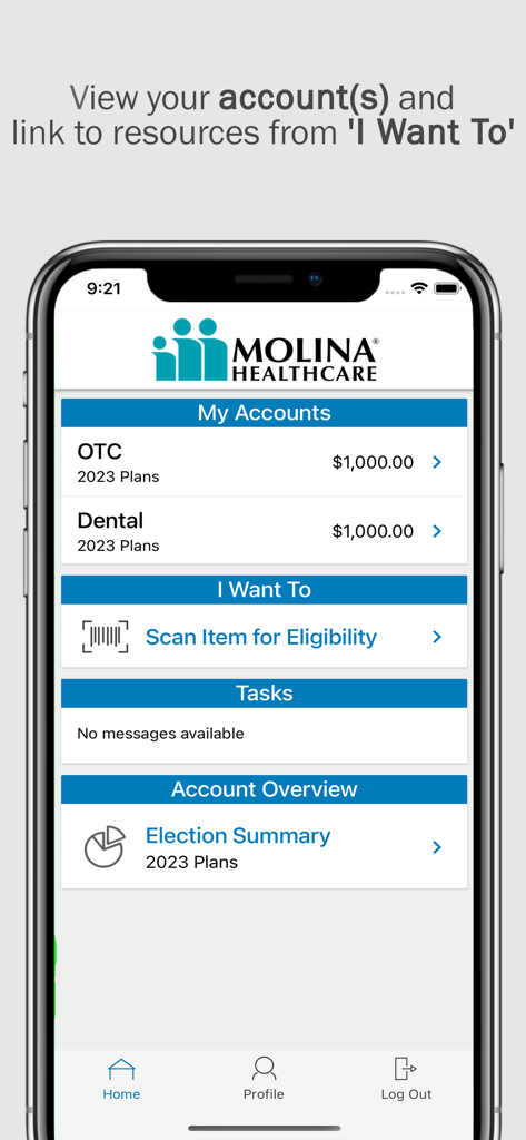 Molina Benefit Card - Molina Benefit Card app home screen displaying account balances for OTC and dental plans and a link to scan items for eligibility
