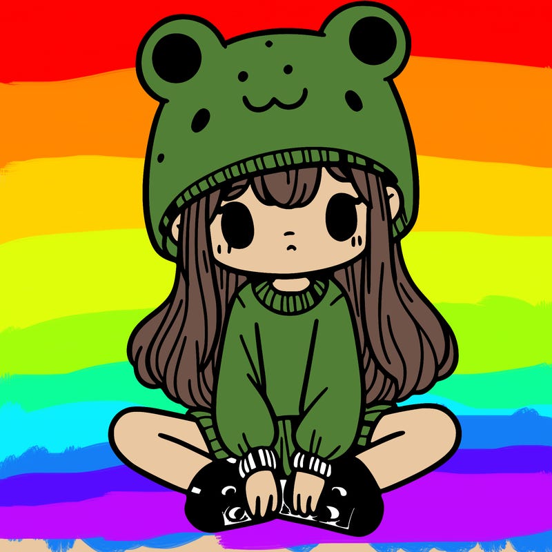 a girl wearing a frog hat and some frog socks