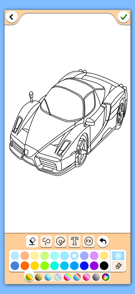 Cars coloring book game - Interfaz de página para colorear de coche deportivo con herramientas de pintura y paleta de colores