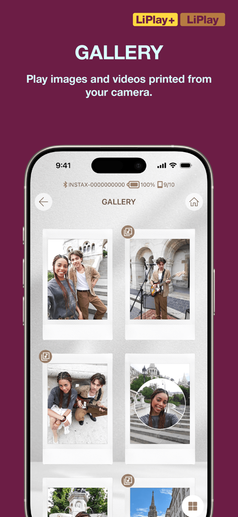 instax mini LiPlay - Screenshot of the instax mini LiPlay app gallery displaying several instant film style photos