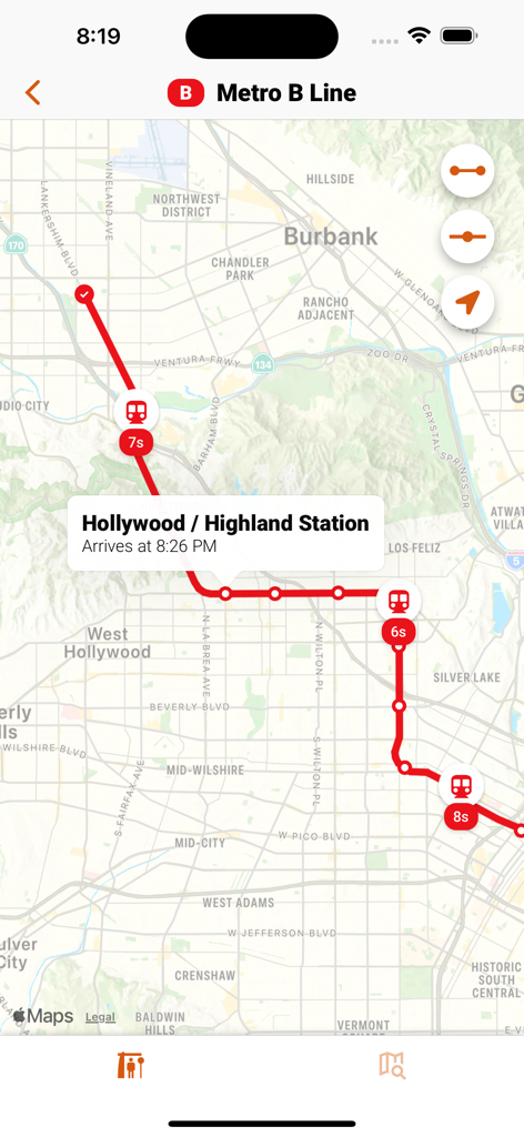 Los Angeles Transit (LA Metro) - Mapa interactivo en tiempo real de la Línea B de Metro de Los Ángeles que muestra el seguimiento de trenes en vivo y los horarios de llegada estimados para la estación de Hollywood y Highland.