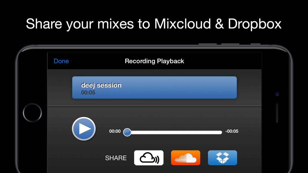 deej - DJ turntable. Mix, record, share your music - Recording playback interface of deej app with share buttons for Mixcloud SoundCloud and Dropbox