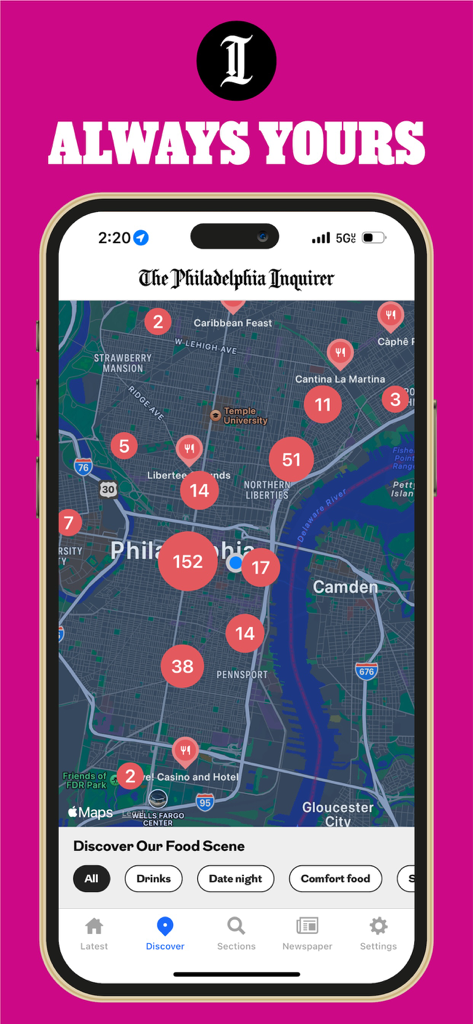 The Philadelphia Inquirer - A smartphone showing a map of Philadelphia with restaurant markers and food scene filters from The Philadelphia Inquirer app