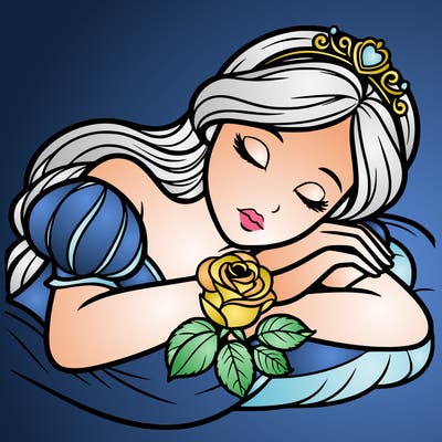 a fairytale princess sleeping with her hands crossed on her chest and a rose on her chest realistic