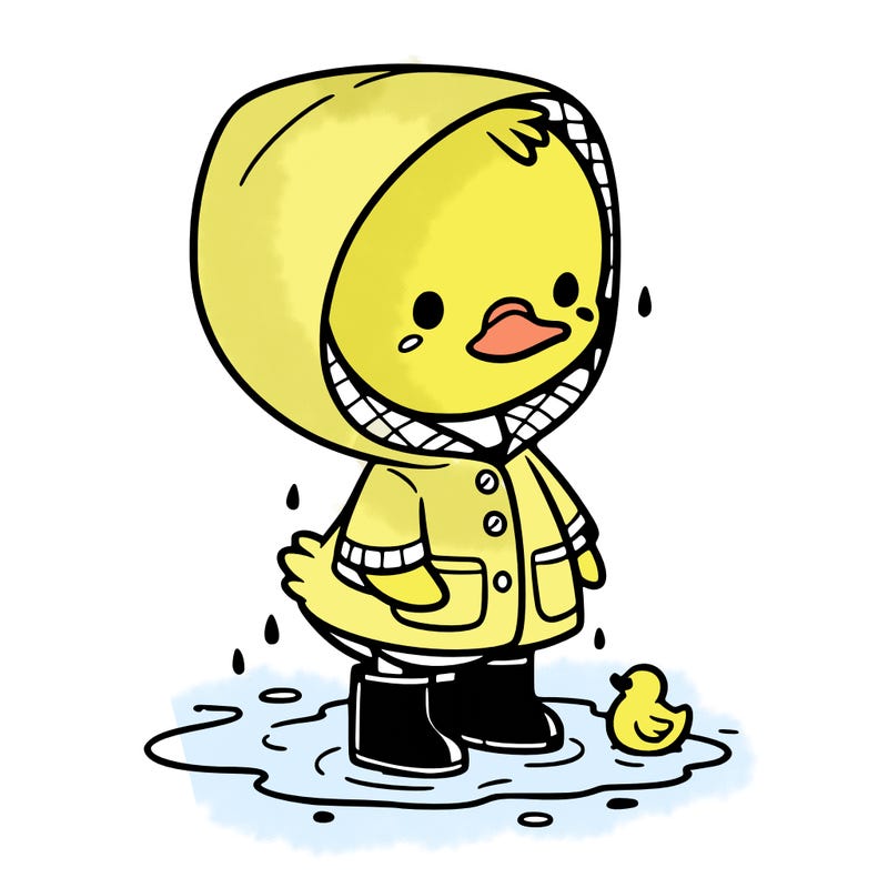 baby duck in a rain coat and boots, in a puddle while it’s raining