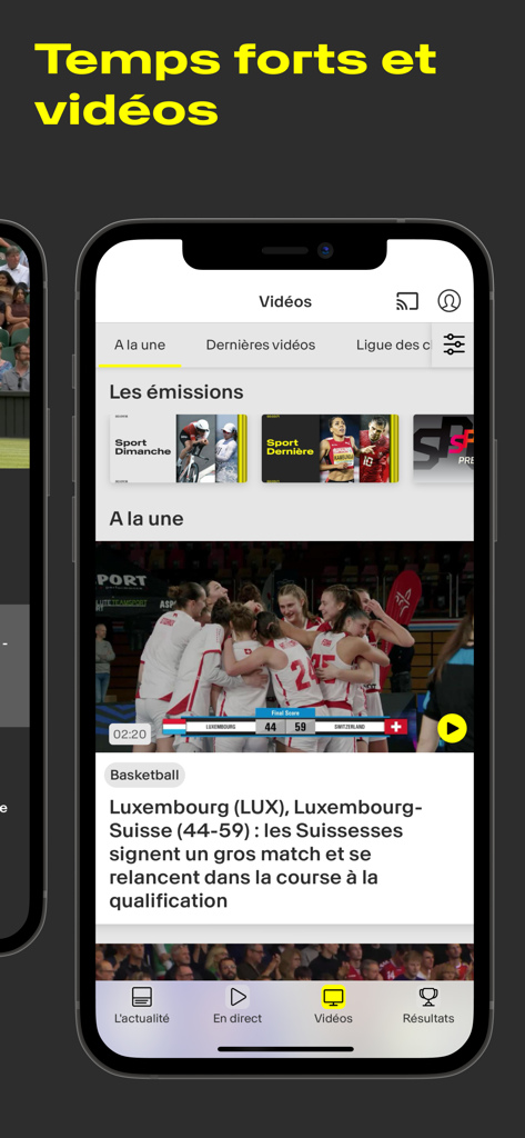 RTS Sport: Live et Actualité - Mobile interface of the RTS Sport app showing video highlights and sports programs