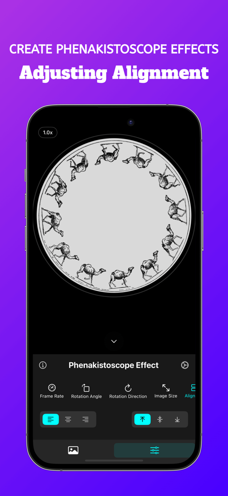 Rotation - Visual Effect - Interfaz de aplicación móvil que muestra la configuración de alineación de imágenes para un efecto de fenakistoscopio