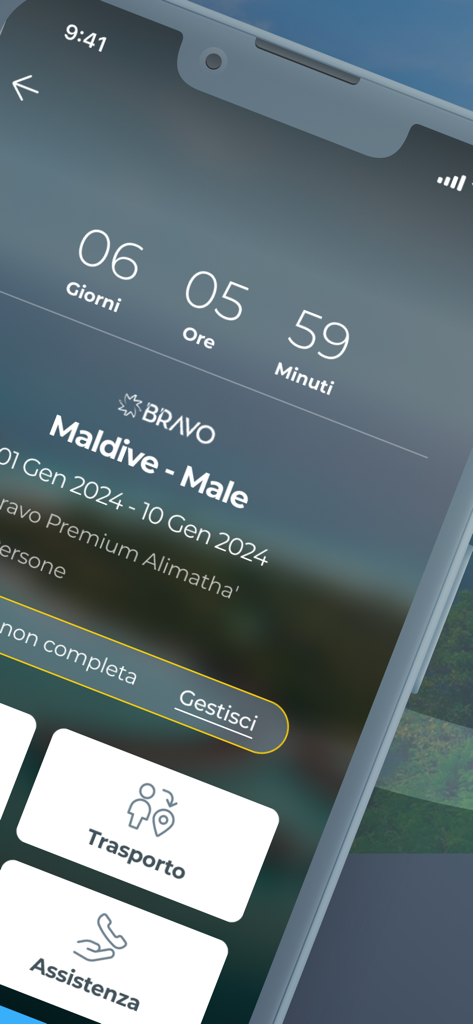 Smartphone screen showing a travel countdown and trip details for the Maldives in the my Alpitour World app