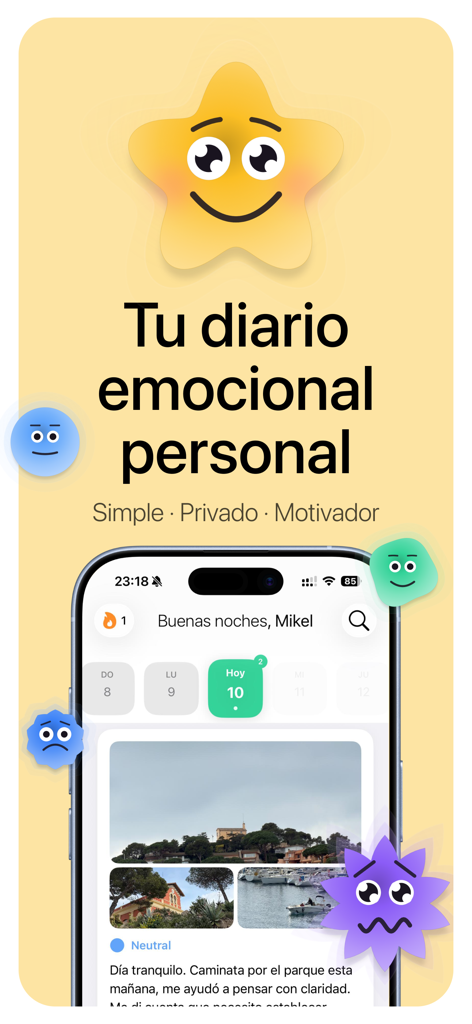 Lumi - Diario Emocional - Pantalla promocional de la aplicación de diario emocional Lumi que muestra un personaje de estrella sonriente y una interfaz de seguimiento de estado de ánimo