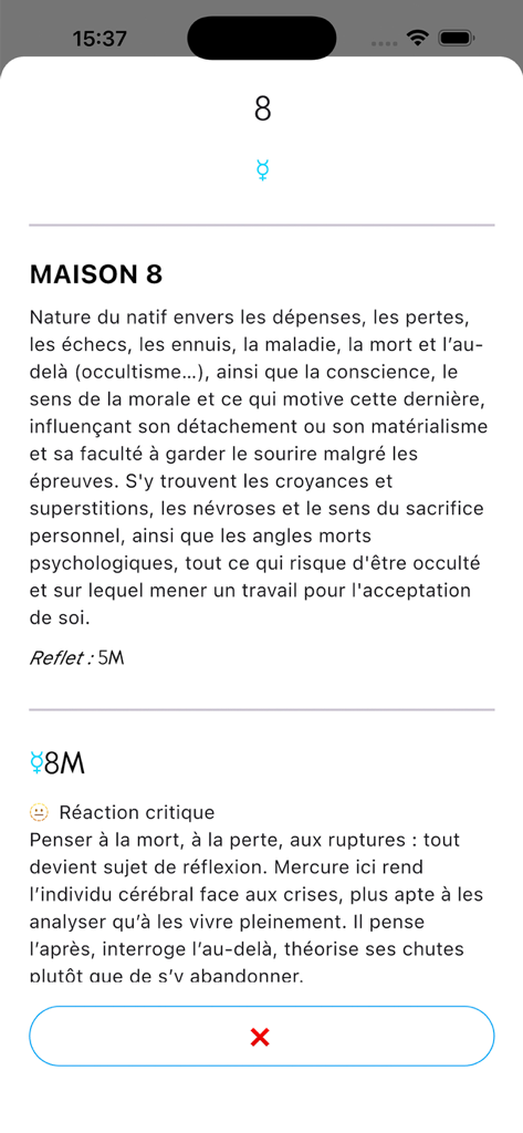 Odysseus® - Odysseus app screen displaying detailed astrological meanings for house eight and mercury