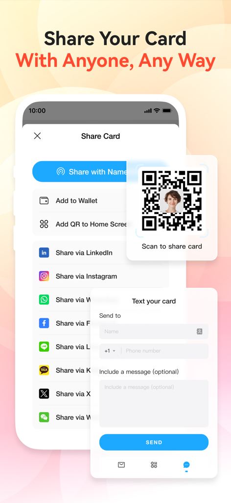 Interface of CamCard app showing multiple ways to share a digital business card including QR code social media and text message