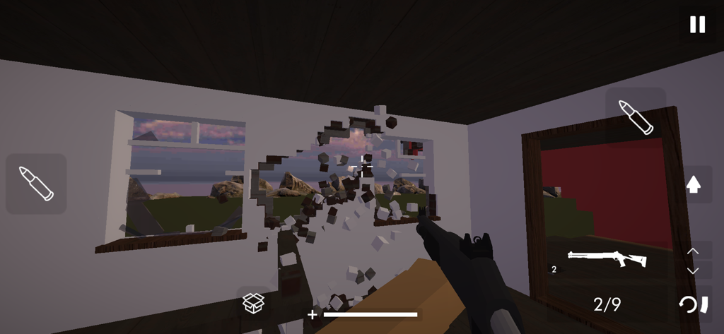 A first-person view in a voxel sandbox game showing a wall being destroyed by a shotgun blast with physics-based debris.