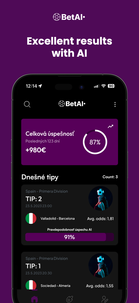 BetAI - Mobile app interface of BetAI showing sports betting tips and AI success metrics