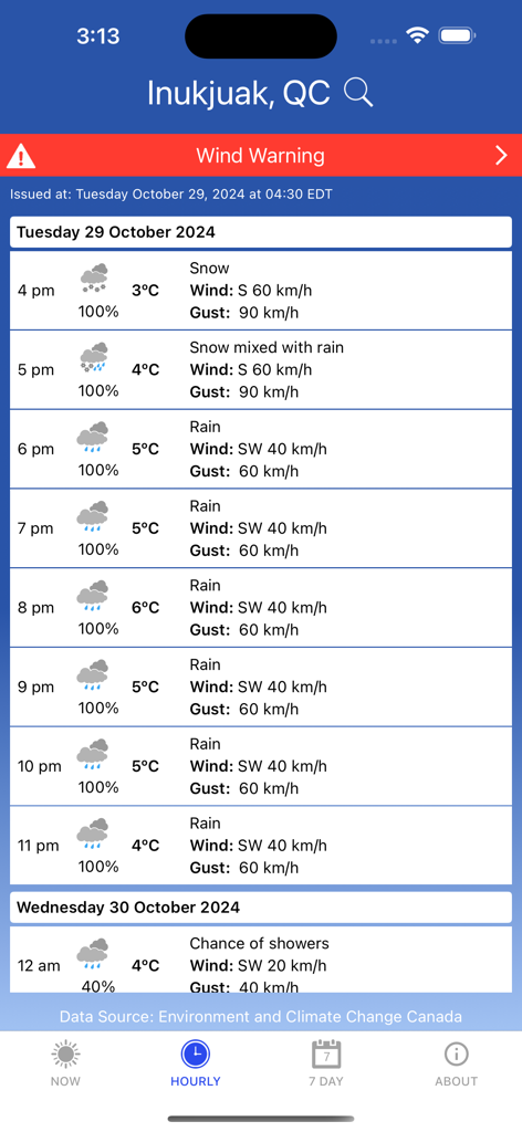 AltWeatherCAN - レトロなインターフェースデザインと強風警報通知を備えた、ケベック州イヌクジュアクのAltWeatherCANアプリの時間ごとの天気予報。