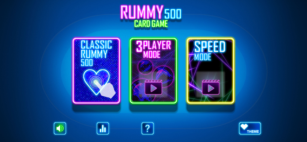 Rummy 500 Casino Card Game - Main menu screen of the Rummy 500 card game featuring options for Classic, 3 Player, and Speed modes.