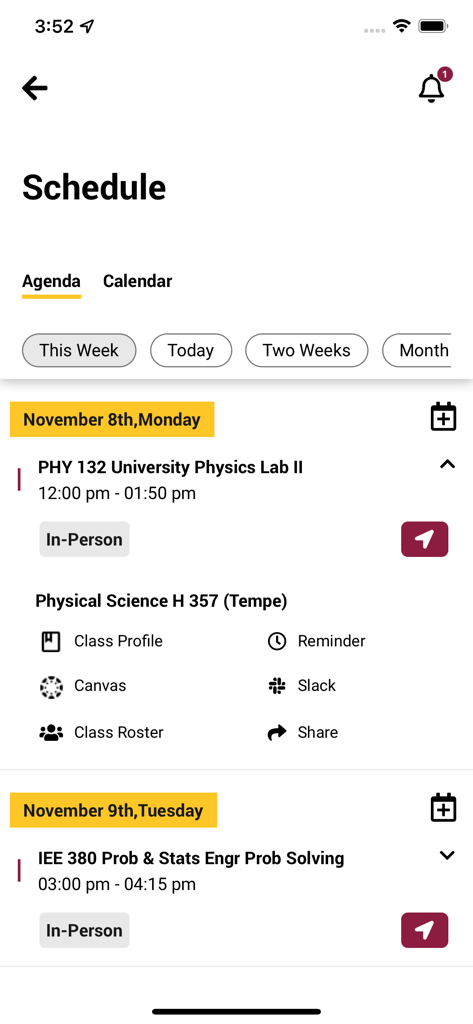 Arizona State University mobile app student class schedule agenda view