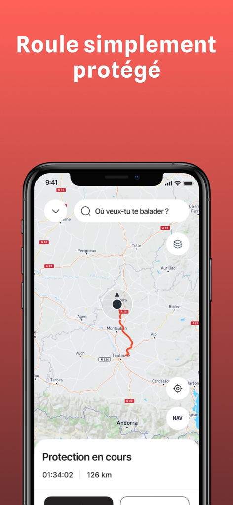 Liberty Rider mobile app showing a motorcycle route on a map with active safety protection