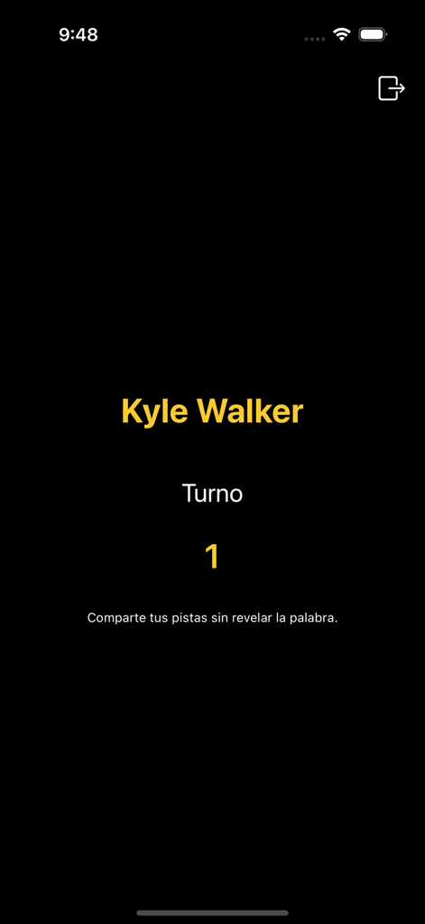 Impostor: Juega com amigos - Screenshot of a player turn screen in the Impostor social deduction game showing the first turn and instructions to share clues.