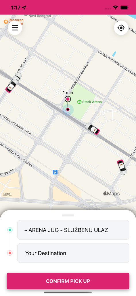 Pink Taxi Beograd mobile app interface showing taxi locations on a map and a confirm pickup button.