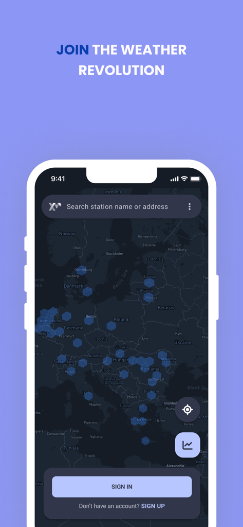 WeatherXM - Interface do aplicativo WeatherXM mostrando um mapa de estações meteorológicas descentralizadas pela Europa com um botão de login.