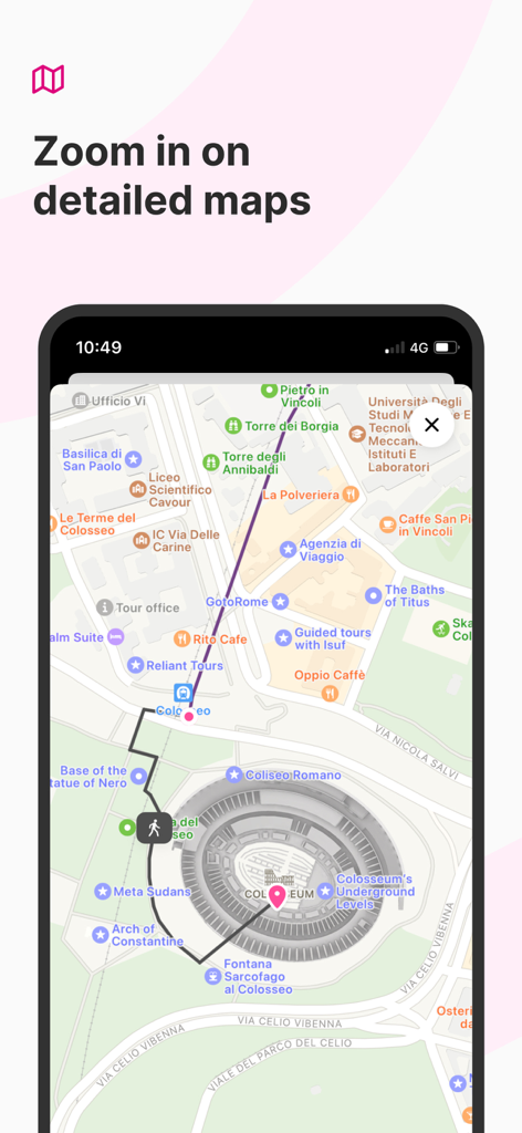 Detaillierte Navigationskarte in der Rome2Rio-App, die Sehenswürdigkeiten rund um das Kolosseum in Rom anzeigt.