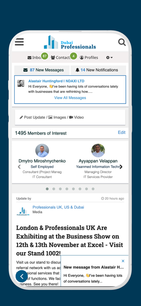 메시지, 알림 및 회원 프로필이 포함된 전문 네트워킹 피드를 보여주는 두바이 전문가 앱 인터페이스.