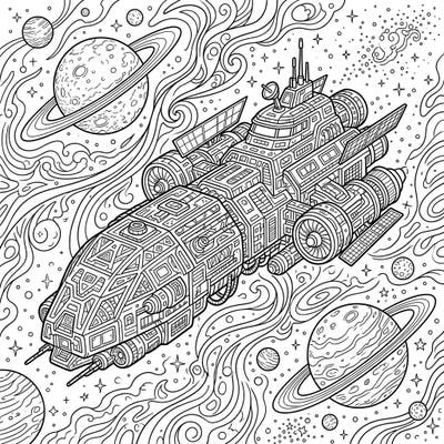 Unleash your creativity with this incredibly detailed spaceship coloring page designed specifically for adults. Dive into a complex celestial scene filled with futuristic vessels, distant planets, and swirling galaxies, perfect for hours of relaxing artistic exploration.