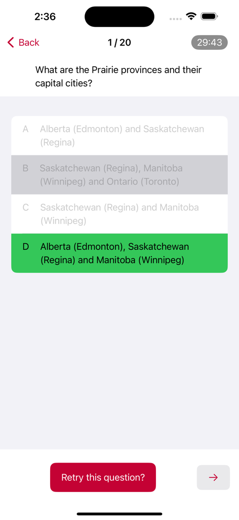 Canada Quiz. - カナダのクイズモバイルアプリの練習問題。地理に関する問題で、正解が緑色でハイライトされています。