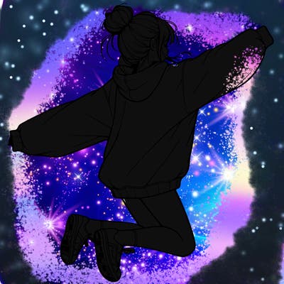 realistic girl jumping with a bun and oversized sweatshirt