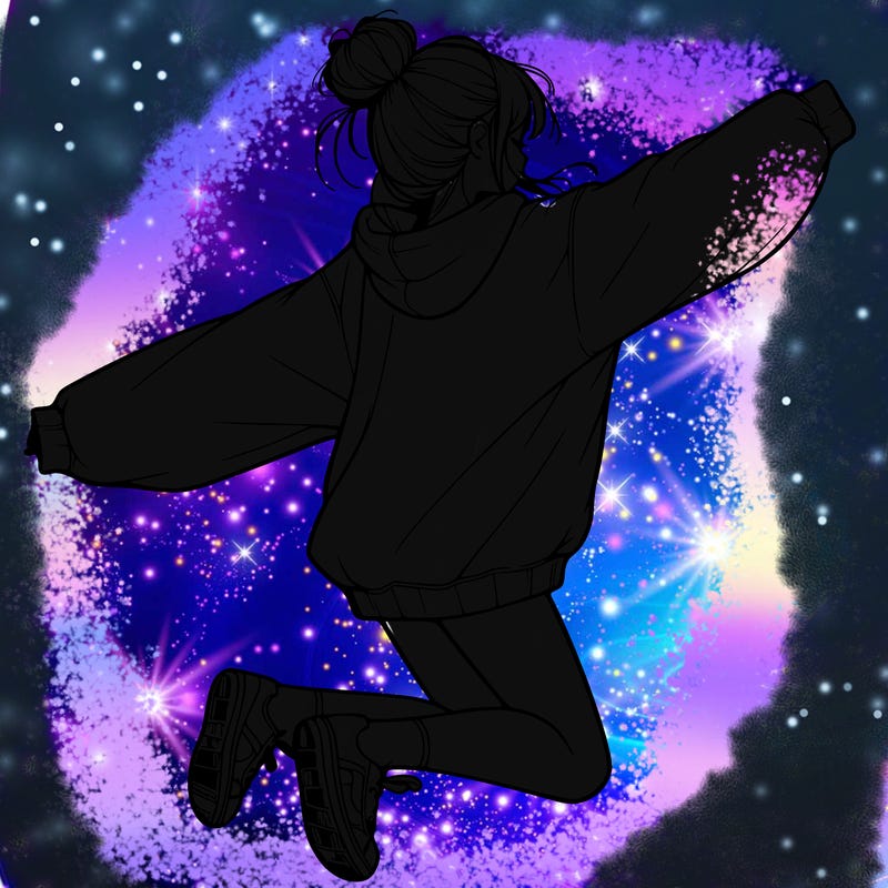 realistic girl jumping with a bun and oversized sweatshirt