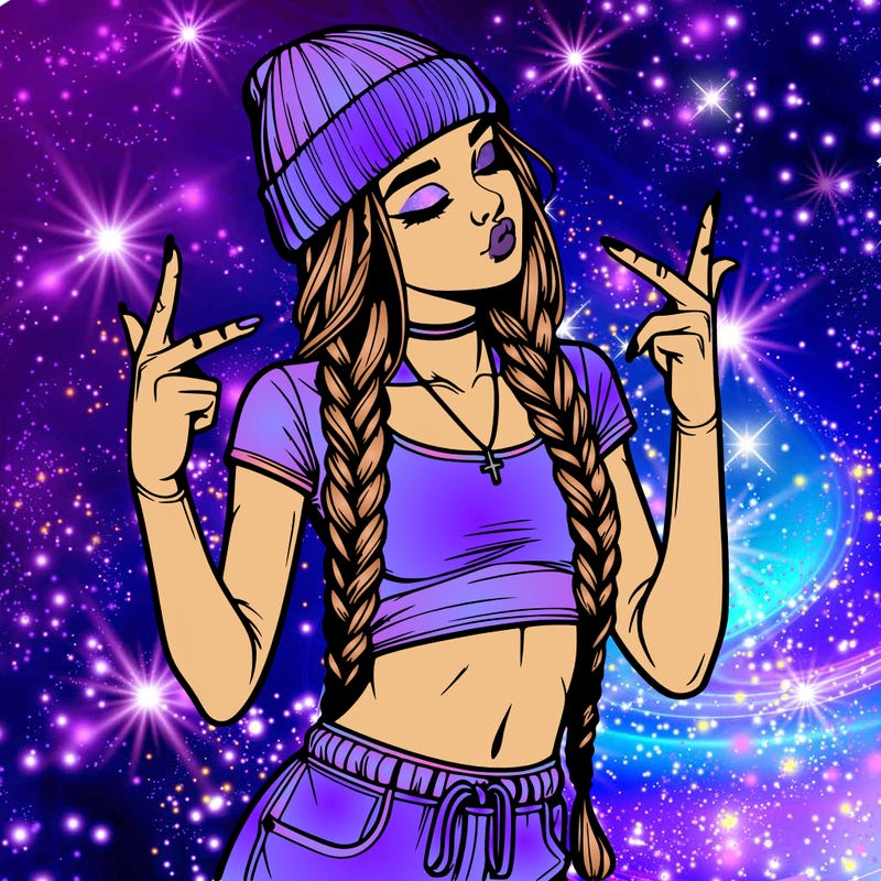 realistic teenage girl with braids and a beanie and crop top doing 🫶🏼