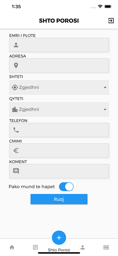 Add order screen in the Posta Beki app showing a form with contact and package details in Albanian