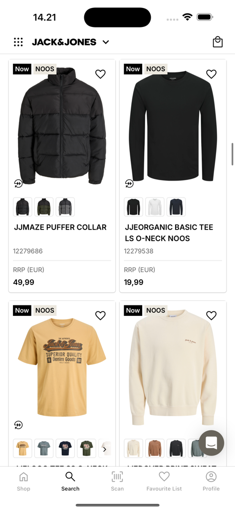 Catalogue de produits dans l'application BESTSELLER MORE affichant l'inventaire Jack and Jones pour les acheteurs de détail
