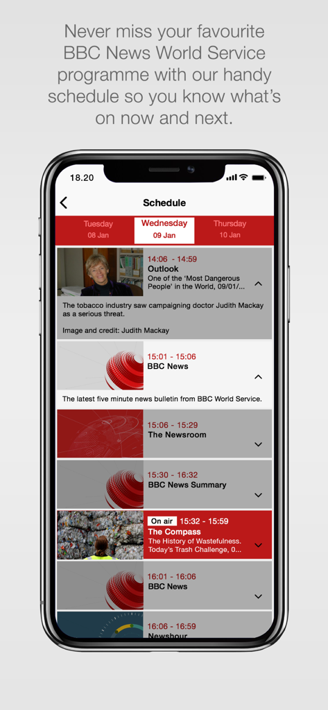 Screenshot of the BBC World Service app schedule displaying a list of news programs and radio broadcasts.