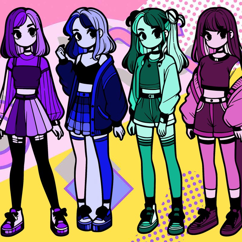 one girl with crop-top shirt and a jacket with a skirt, long socks and another girl with a shirt and pants with a jacket