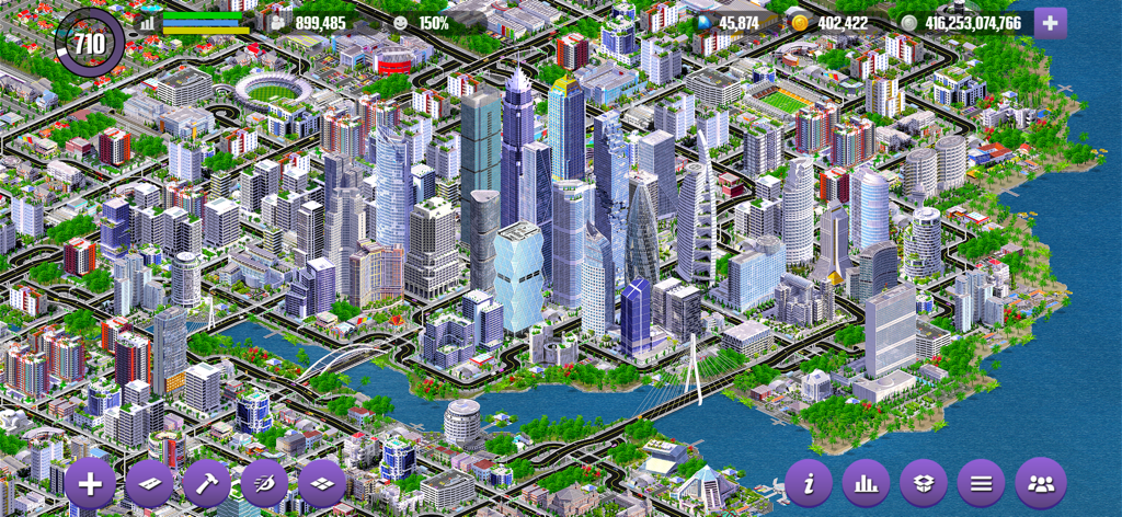 A detailed urban metropolis with skyscrapers and a suspension bridge in the Designer City simulation game