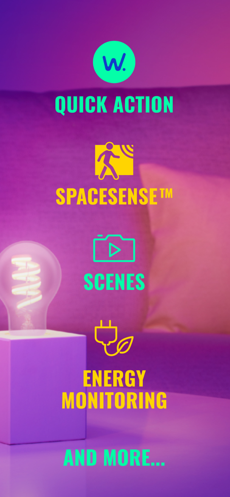 A summary of WiZ Connected app features including SpaceSense scenes and energy monitoring