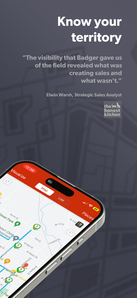Badger Maps: #1 Route Planner - Badger Maps App zeigt eine Verkaufsroute mit einem Erfahrungsbericht zur Gebietsübersicht.