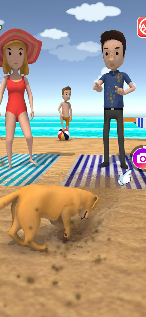 Dog Life Simulator ! - Un chien golden retriever sur une plage à côté de personnes éclaboussées de boue dans Simulateur de Vie de Chien