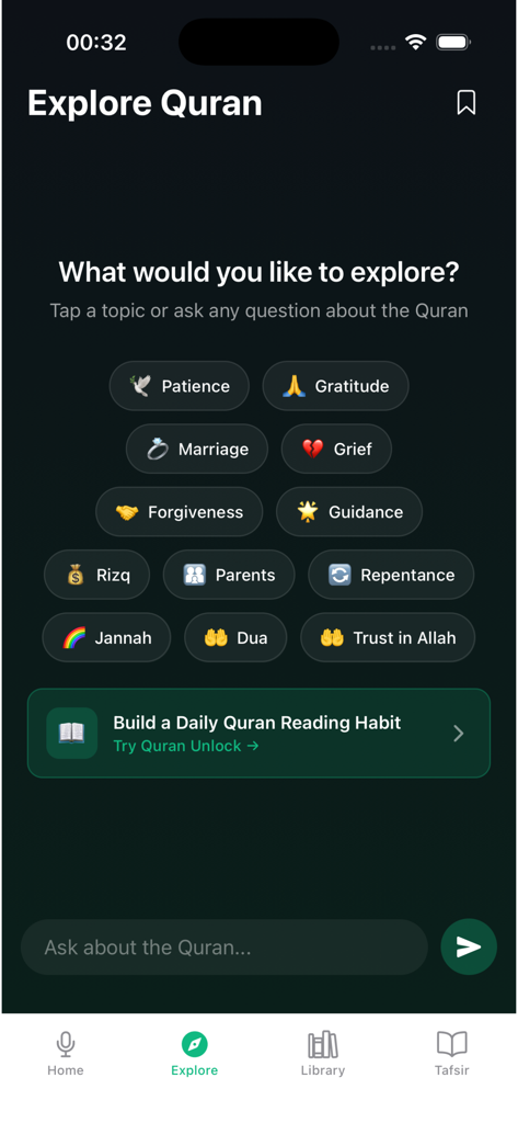 Quran Snap app explore screen featuring buttons for topics like patience, gratitude, and marriage with an AI chat bar