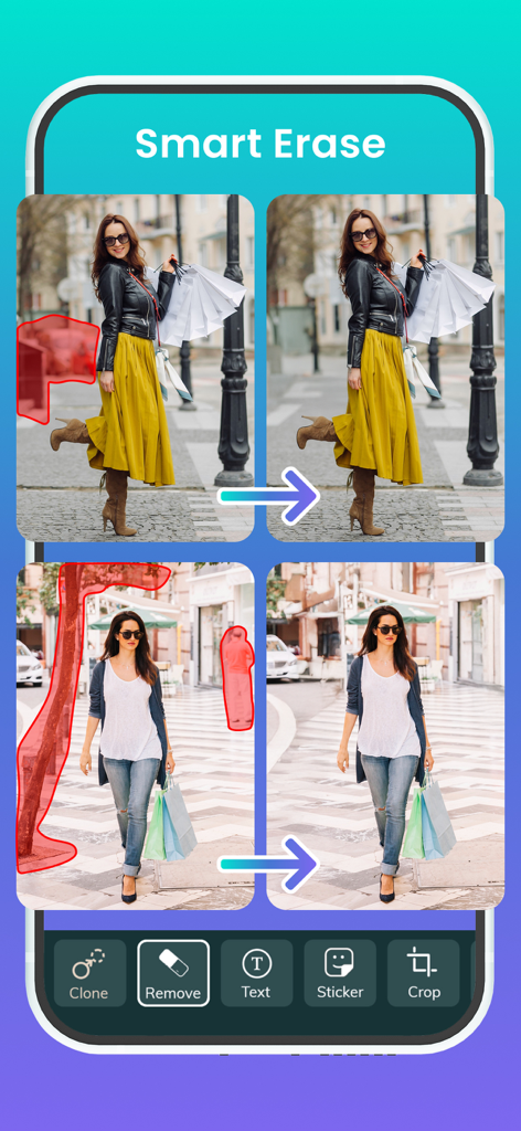 Object Remover : Remove People - App interface showing before and after examples of removing people and objects from photos using Smart Erase