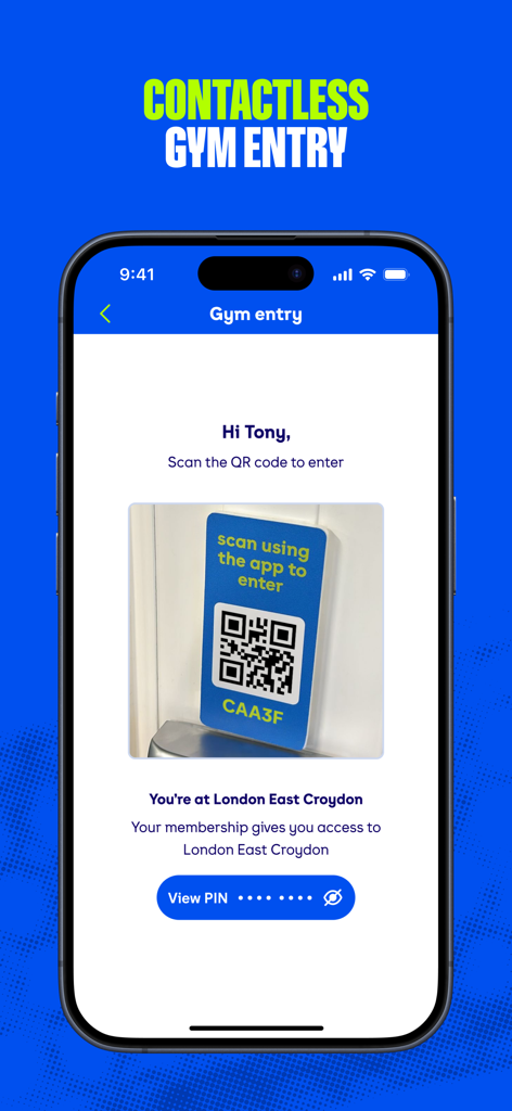 The Gym Group app screen for contactless gym entry using a QR code