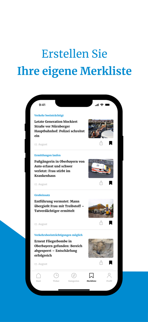 Merkur-Nachrichten-App-Oberfläche mit einer personalisierten Watchlist von gespeicherten Artikeln