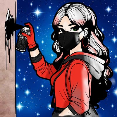 realistic girl with mask spray painting a wall